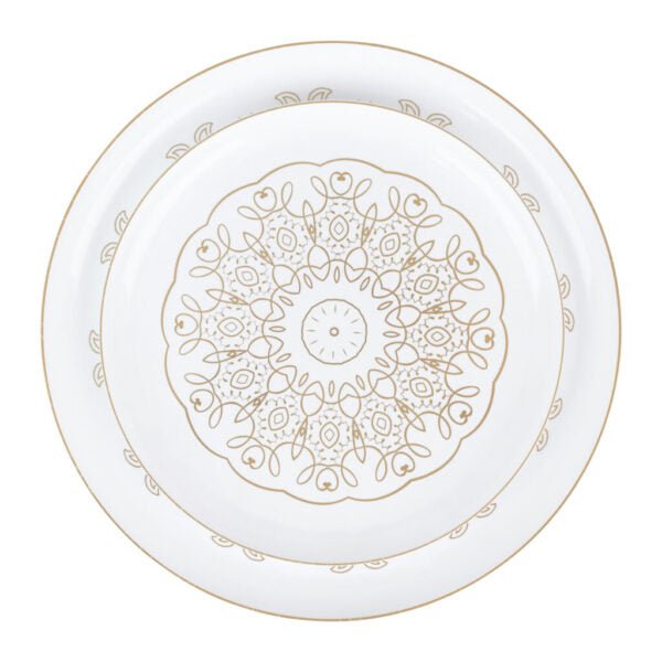 20 Pack White and Gold Round Plastic Dinnerware Set (10 Guests) - Medallion - Pro Linens