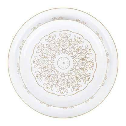 20 Pack White and Gold Round Plastic Dinnerware Set (10 Guests) - Medallion - Pro Linens