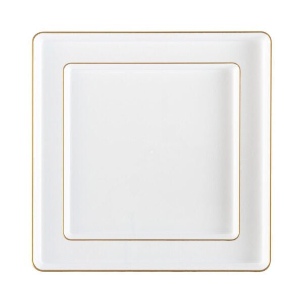 20 Pack White and Gold Square Plastic Dinnerware Set (10 Guests) - Square Edge - Pro Linens