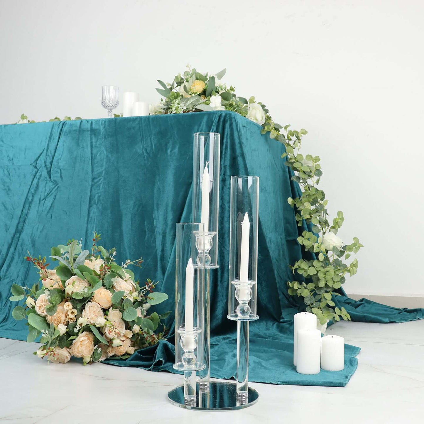 23" Tall Clear 3-Arm Crystal Round Glass Taper Candle Candelabra, Pillar Candle Holder Wedding Centerpiece Pro Linens