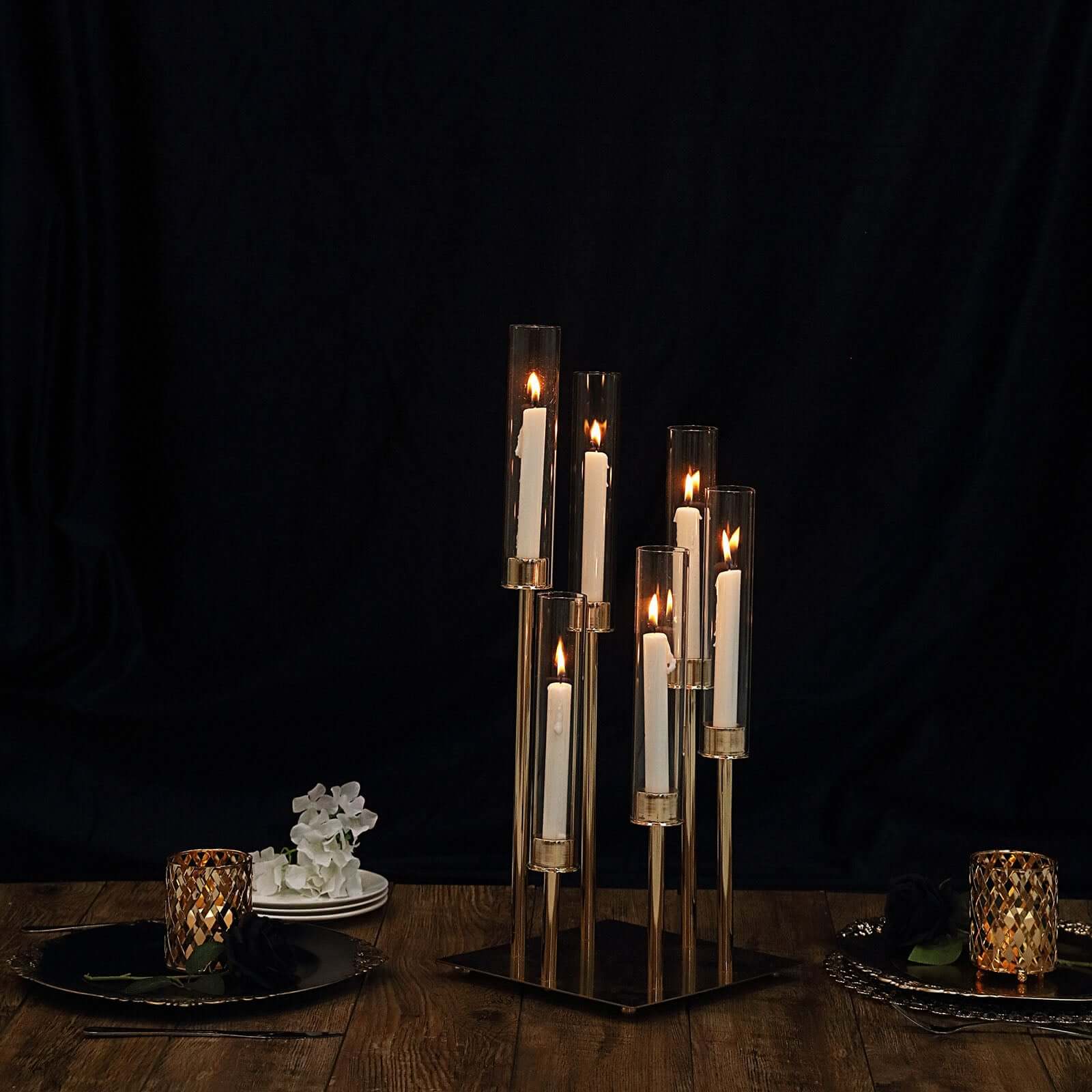 24" Gold 6 Arm Cluster Taper Candle Holder With Clear Glass Shades, Large Candle Arrangement Pro Linens