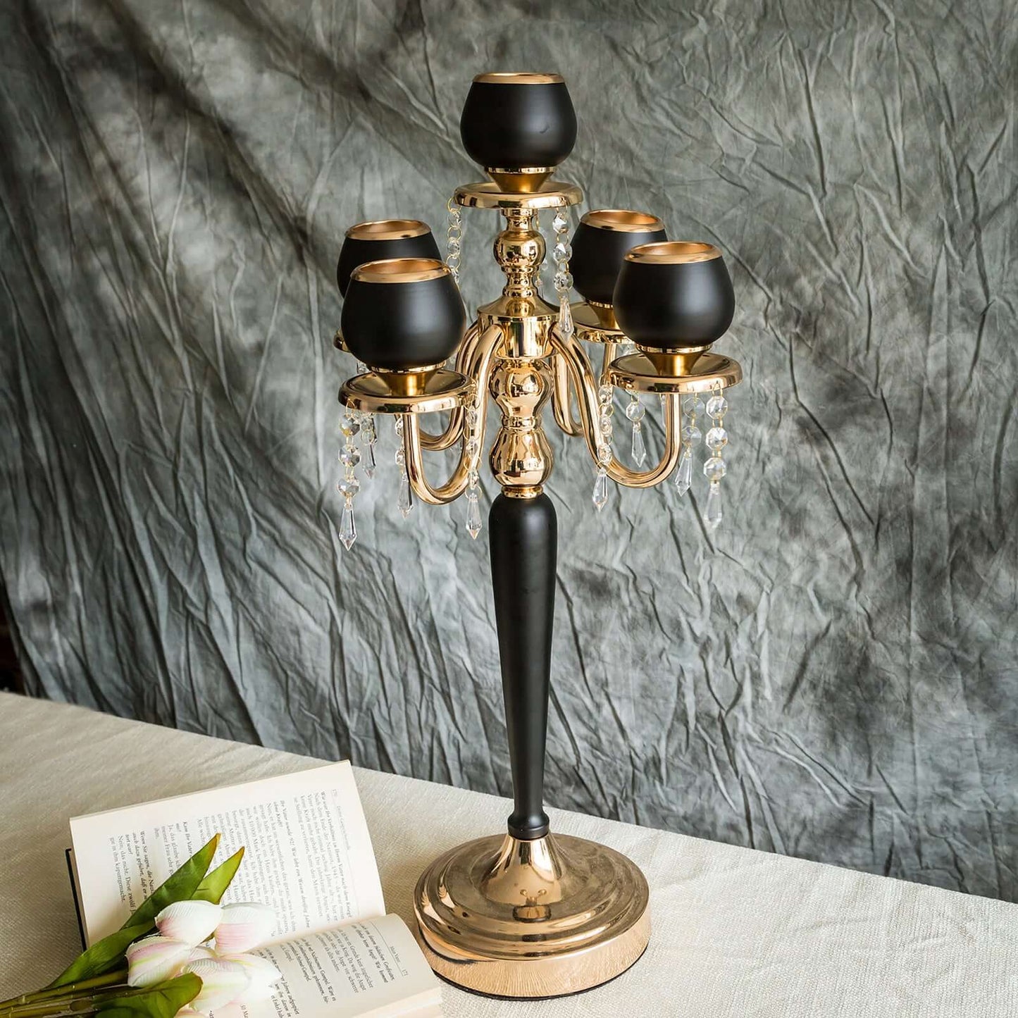 25" Gold Black 5 Arm Metal Tealight Votive Candelabra Candle Holder Centerpiece Pro Linens