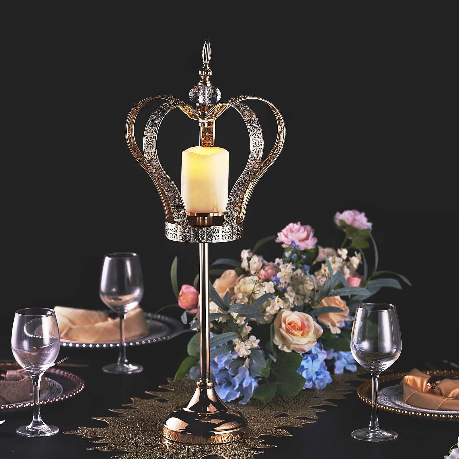 25" Gold Metal Crown Pillar Candle Holder Stand, Votive Holder Centerpiece Pro Linens