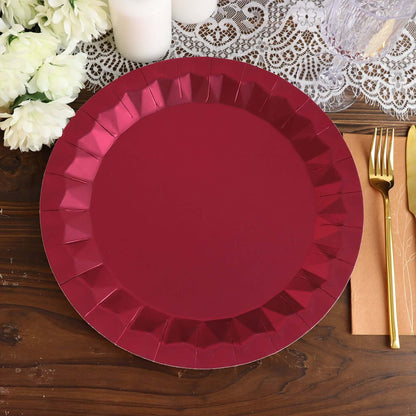 25 Pack 12" Round Burgundy Geometric Foil Paper Charger Plates, Disposable Serving Trays - 400 GSM Pro Linens