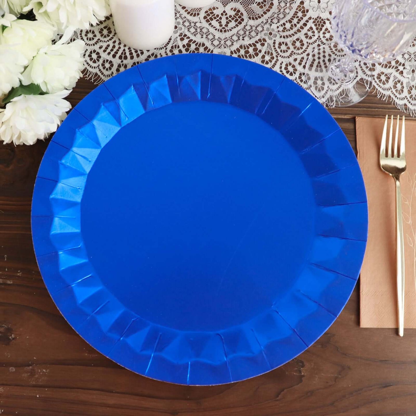 25 Pack 12" Round Royal Blue Geometric Foil Paper Charger Plates, Disposable Serving Trays - 400 GSM Pro Linens