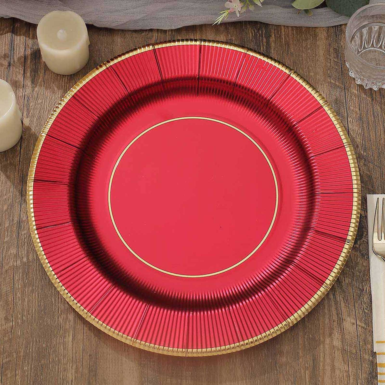 25 Pack 13" Burgundy Sunray Heavy Duty Paper Charger Plates, Disposable Serving Trays - 350 GSM Pro Linens