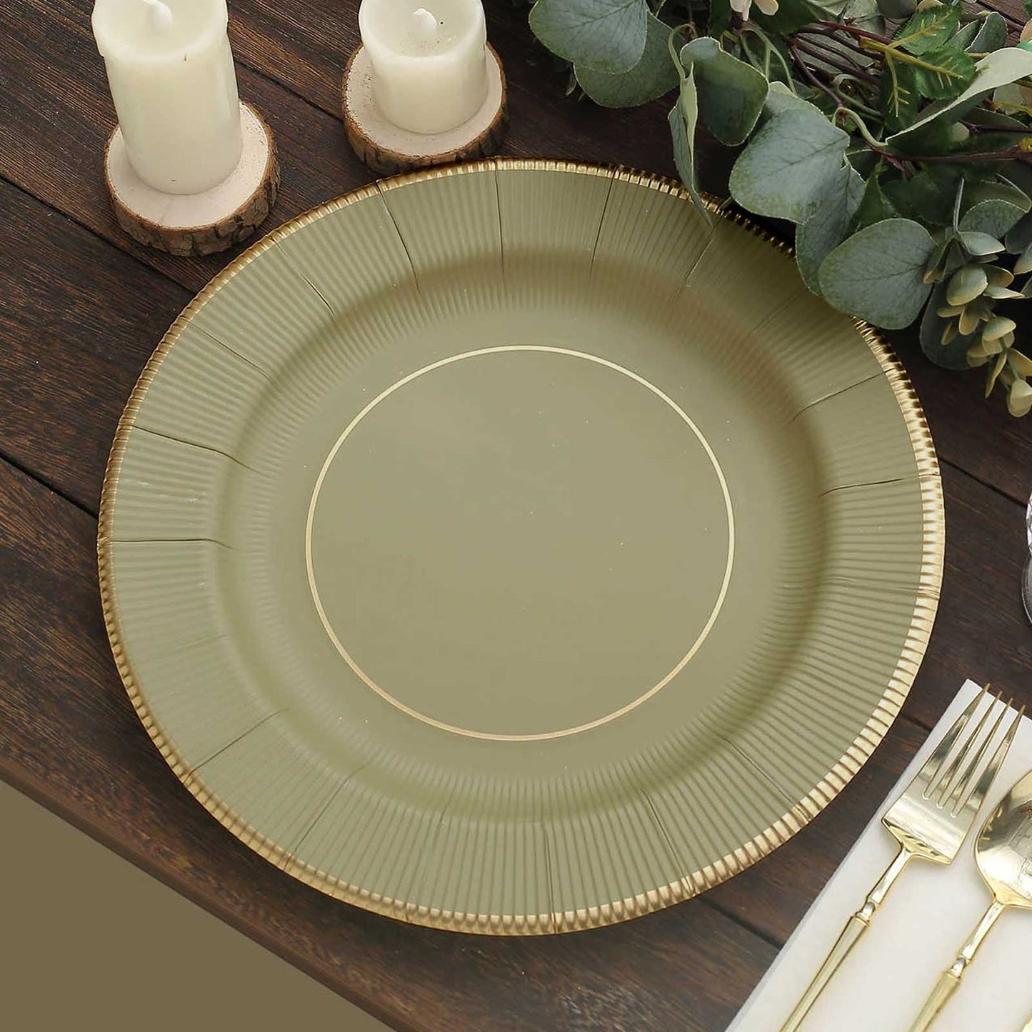 25 Pack 13" Khaki Gold Rim Sunray Disposable Charger Plates, Heavy Duty Paper Serving Plates - 350 GSM Pro Linens