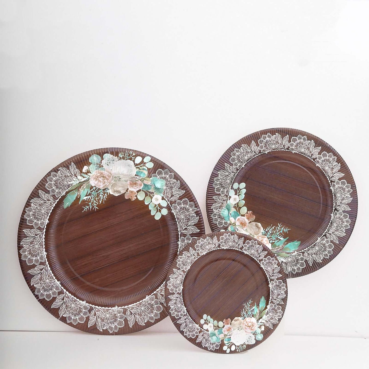 25 Pack Round Paper Charger Plates in Brown Rustic Wood Print, 13" Disposable Charger Plates With Floral Lace Rim Pro Linens