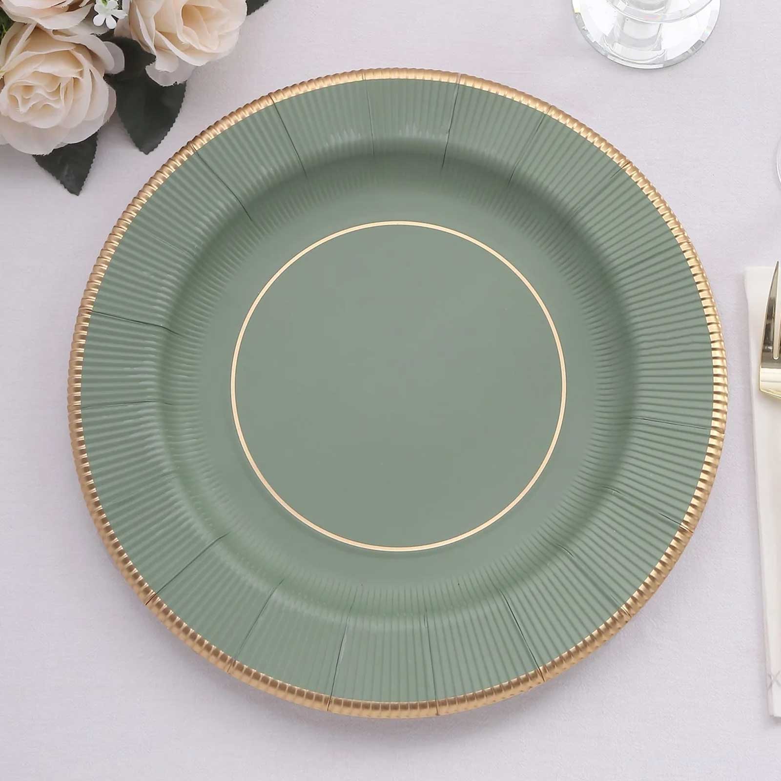 25 Pack Sage Green Sunray Heavy Duty Paper Charger Plates with Gold Rim, 13" Round Disposable Serving Plates - 350 GSM Pro Linens