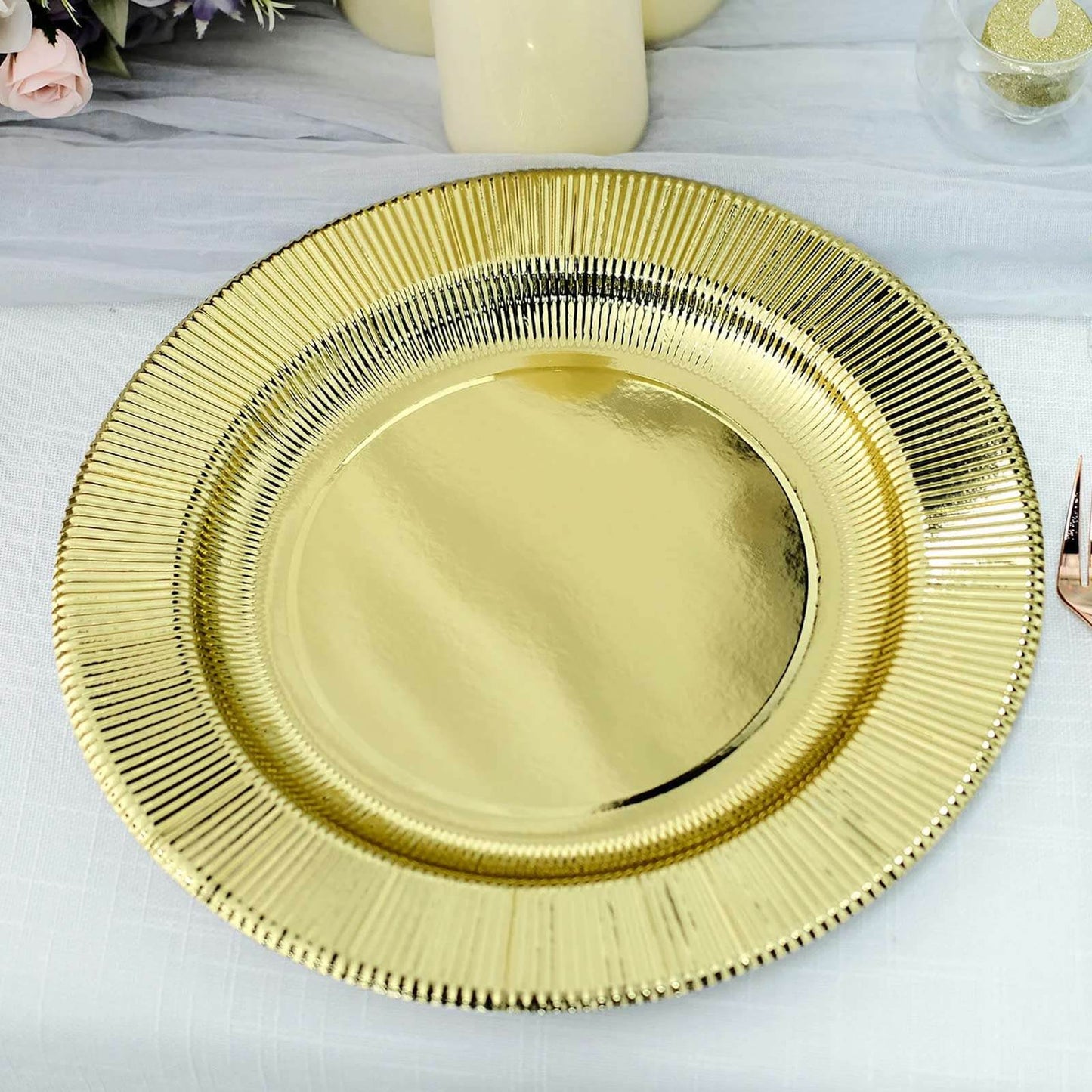 25 Pack Sunray Metallic Gold 13" Disposable Charger Plates, Cardboard Serving Tray, Round - 350 GSM Pro Linens