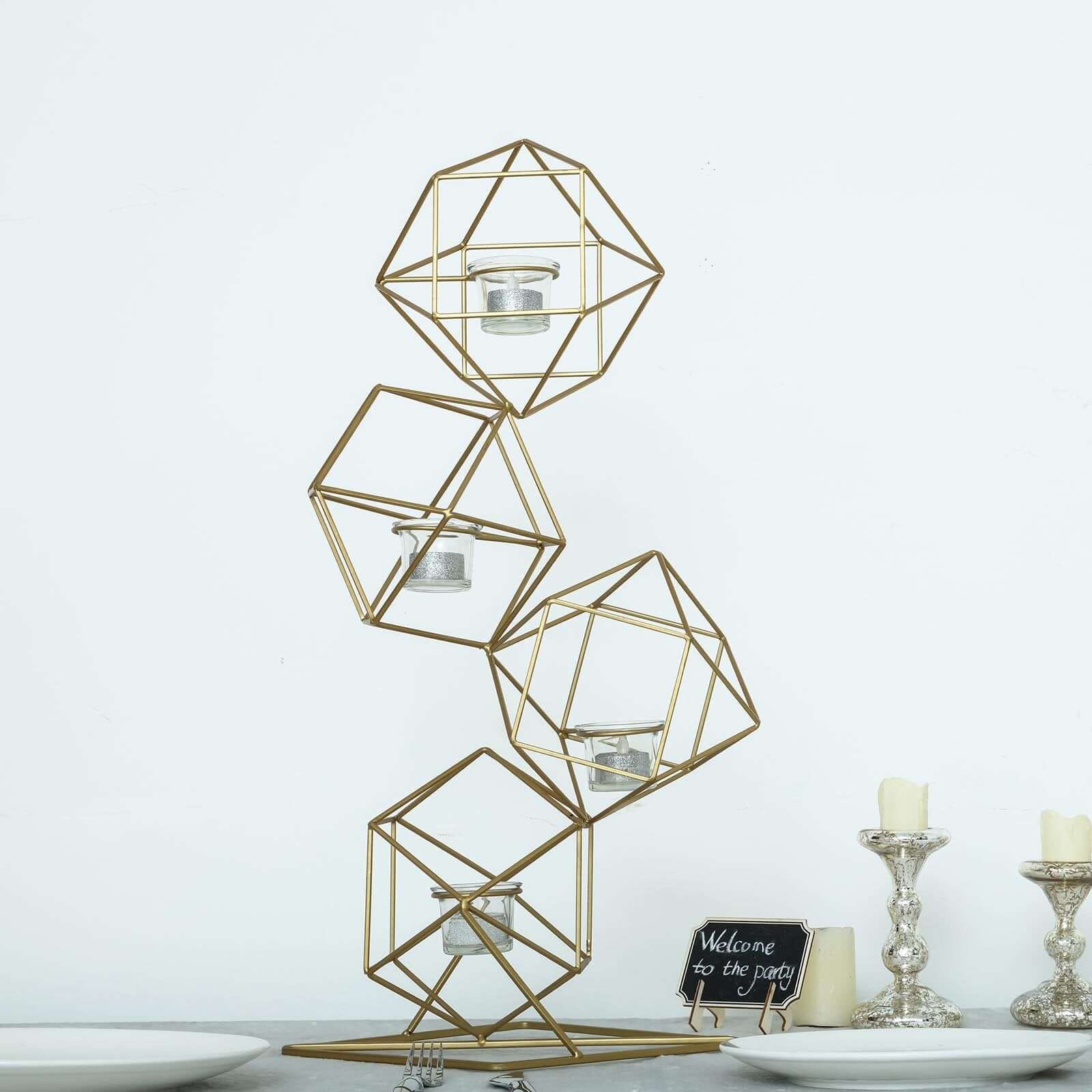 25" Tall Gold Linked Geometric Tealight Candle Holder Set With Votive Glass Holders Pro Linens