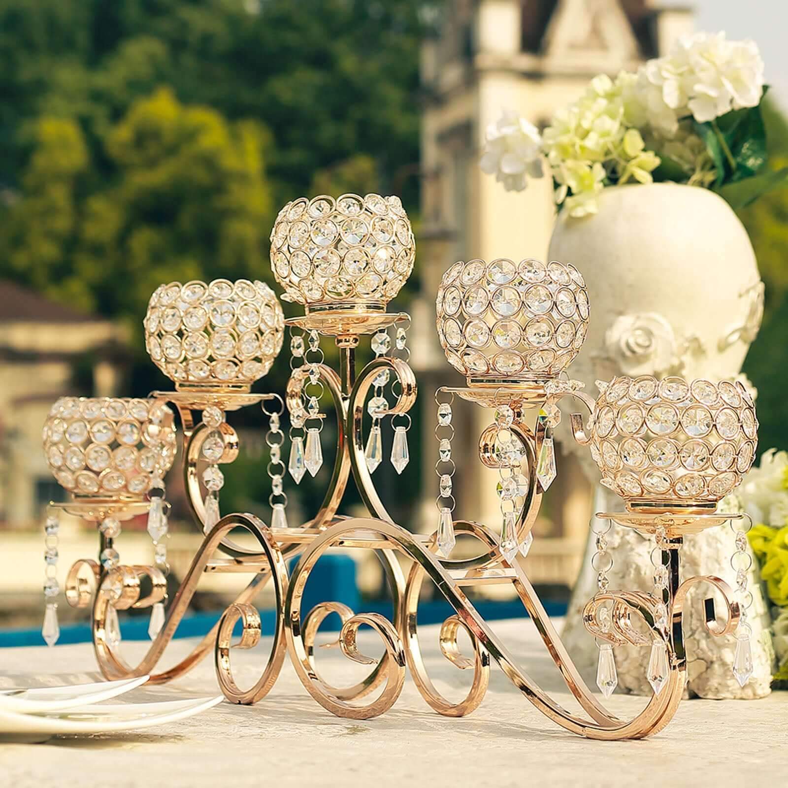 27" 5 Arm Gold Metal Crystal Horizontal Candelabra Goblet Candle Holder Stand Pro Linens