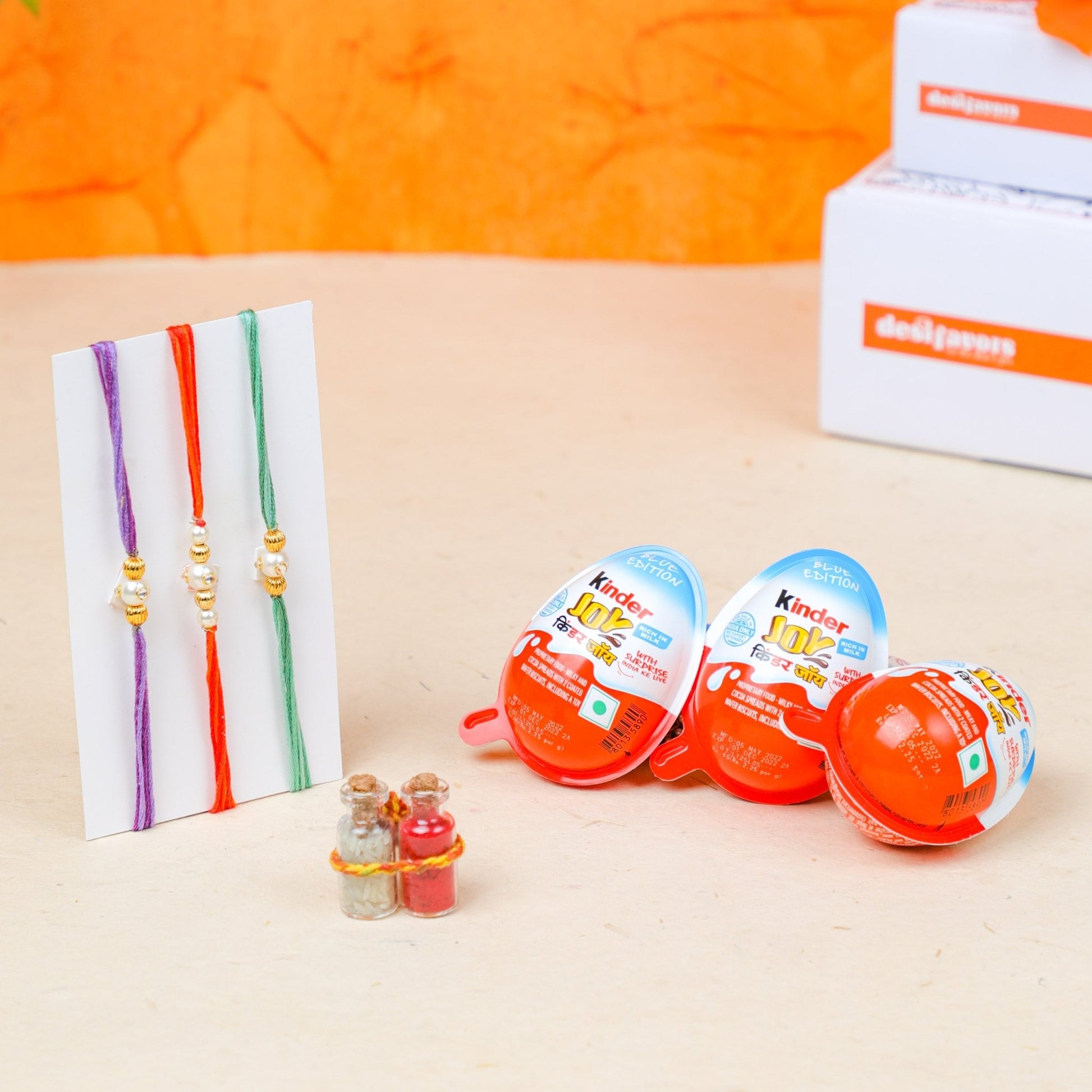 3 Kinder Joy with Pearl Rakhi and Roli-Chawal PRO Indian