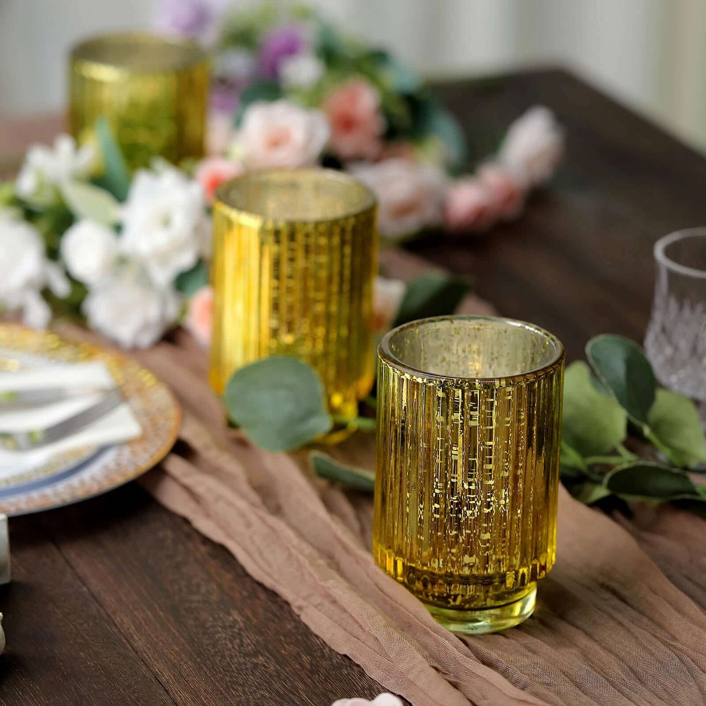 3 Pack 5" Gold Mercury Glass Votive Hurricane Candle Holder, Pillar Vase - Wavy Column Design Pro Linens