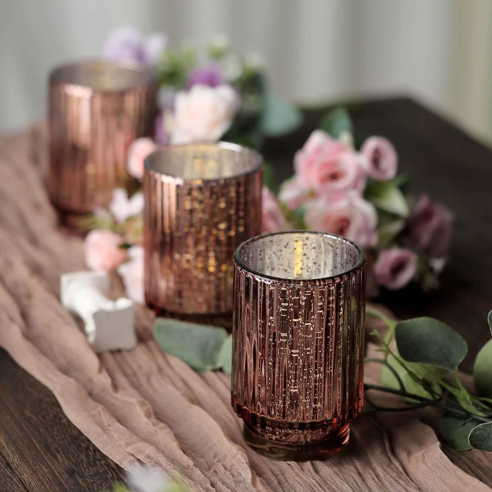 3 Pack 5" Rose Gold Mercury Glass Votive Hurricane Candle Holder, Pillar Vase - Wavy Column Design Pro Linens