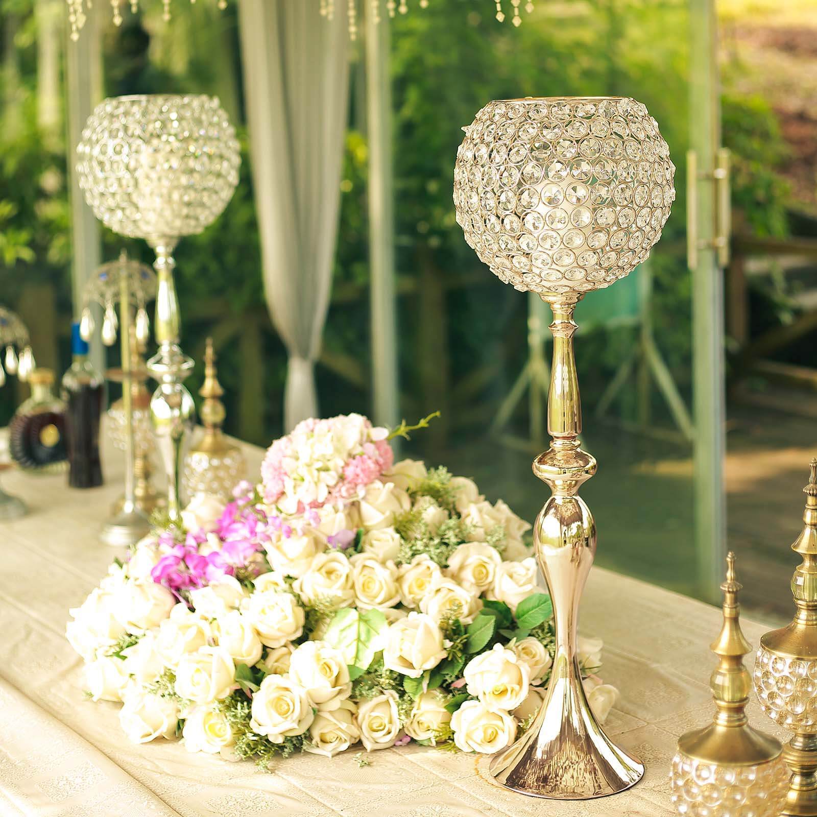 30" Gold Metal Acrylic Crystal Goblet Candle Holder, Flower Ball Stand Pro Linens