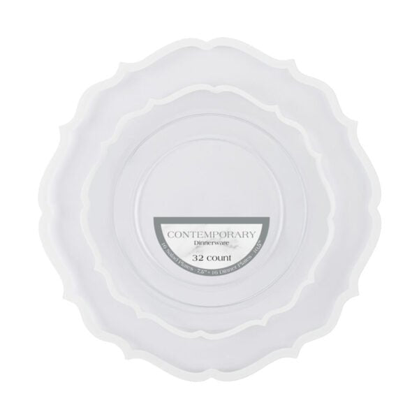 32 Count Clear and White Rim Plastic Dinnerware Set (16 Guests) - Contemporary - Pro Linens