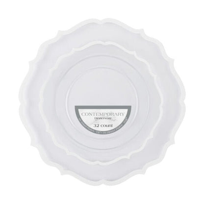 32 Count Clear and White Rim Plastic Dinnerware Set (16 Guests) - Contemporary - Pro Linens