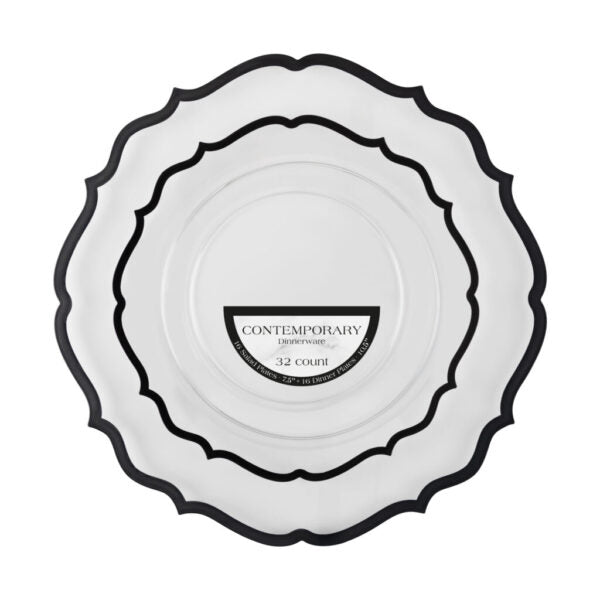 32 Count White and Black Rim Plastic Dinnerware Set (16 Guests) - Contemporary - Pro Linens