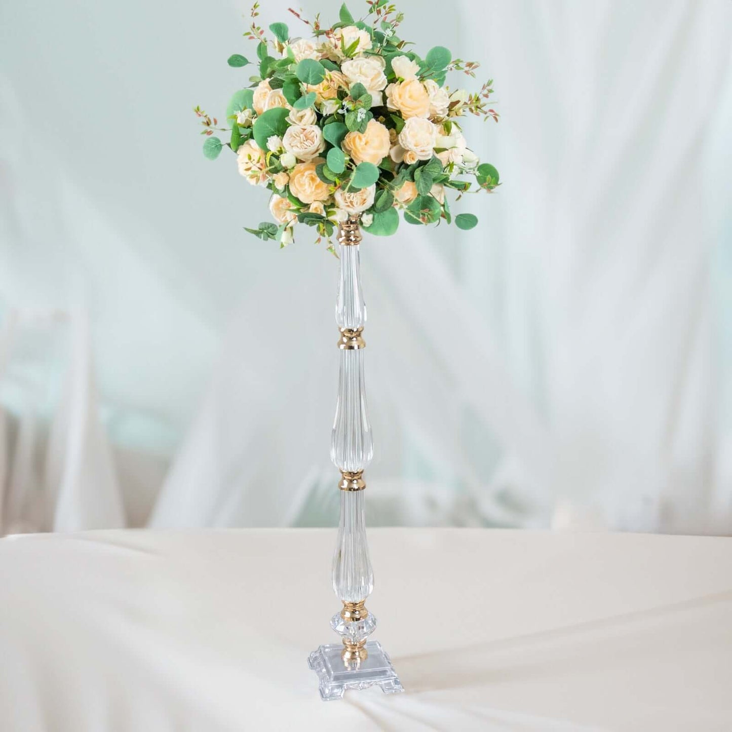 32" Gold Clear Acrylic Crystal Flower Bowl Pedestal Stand, Pillar Candle Holder Wedding Table Centerpiece Pro Linens