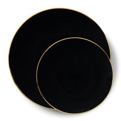 32 Pack Black and Gold Round Plastic Dinnerware Set (16 Guests) - Organic - Pro Linens