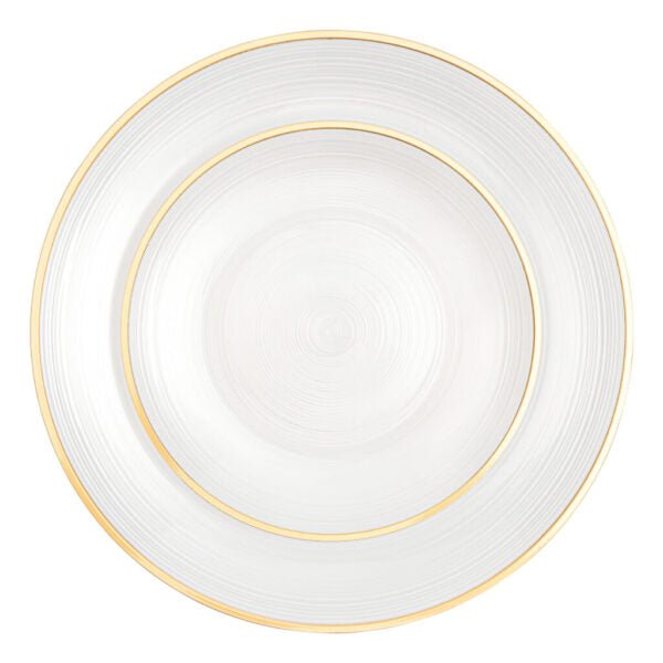 32 Pack Pearl and Gold Round Plastic Dinnerware Set (16 Guests) - Crystal Design - Pro Linens