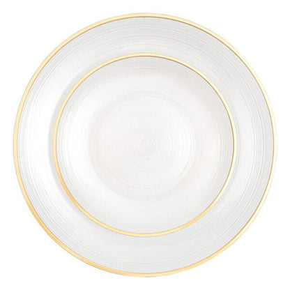 32 Pack Pearl and Gold Round Plastic Dinnerware Set (16 Guests) - Crystal Design - Pro Linens