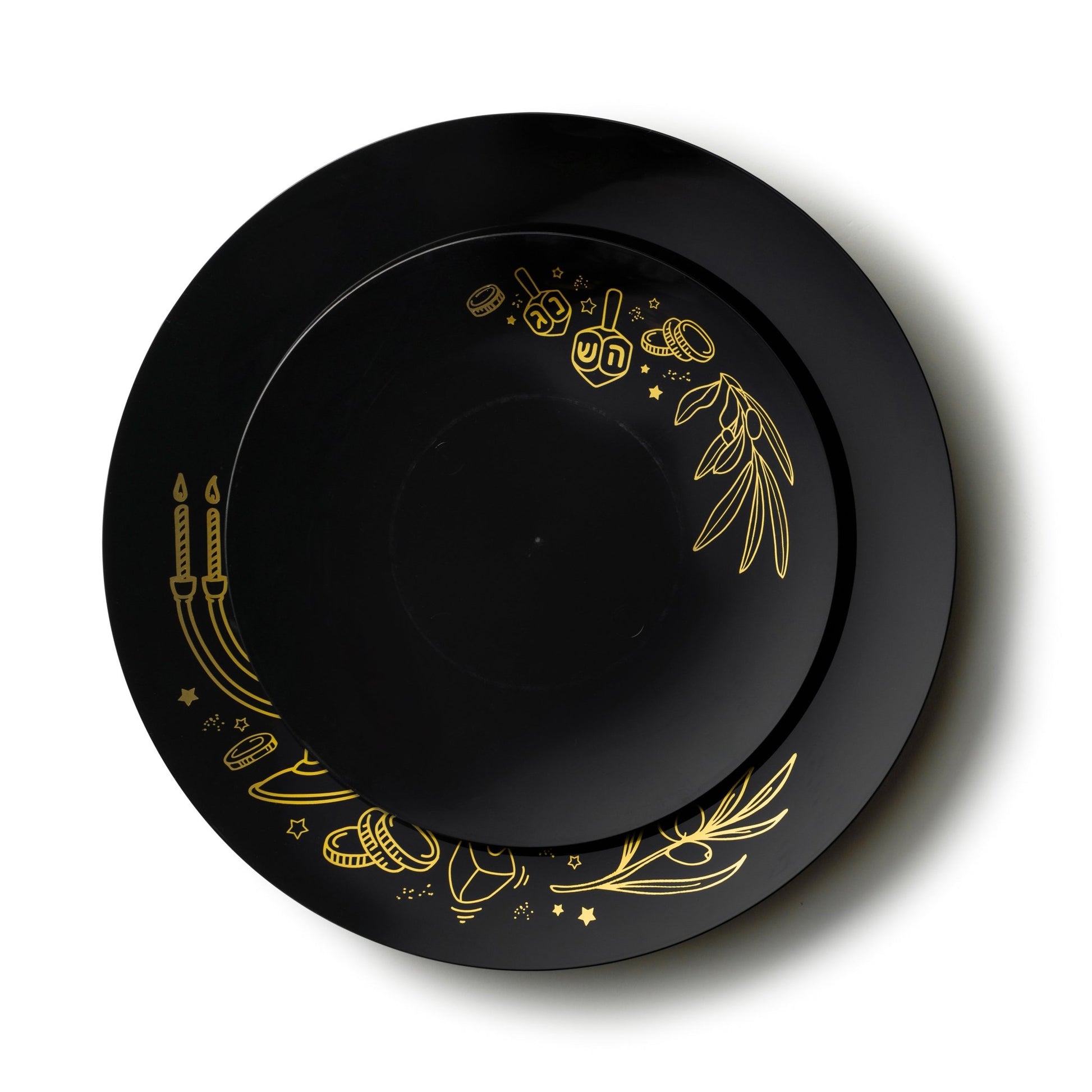 32 Piece Combo Black and Gold Round Plastic Dinnerware Set 10.25" and 7.5" (16 Servings) - Chanukah - Pro Linens