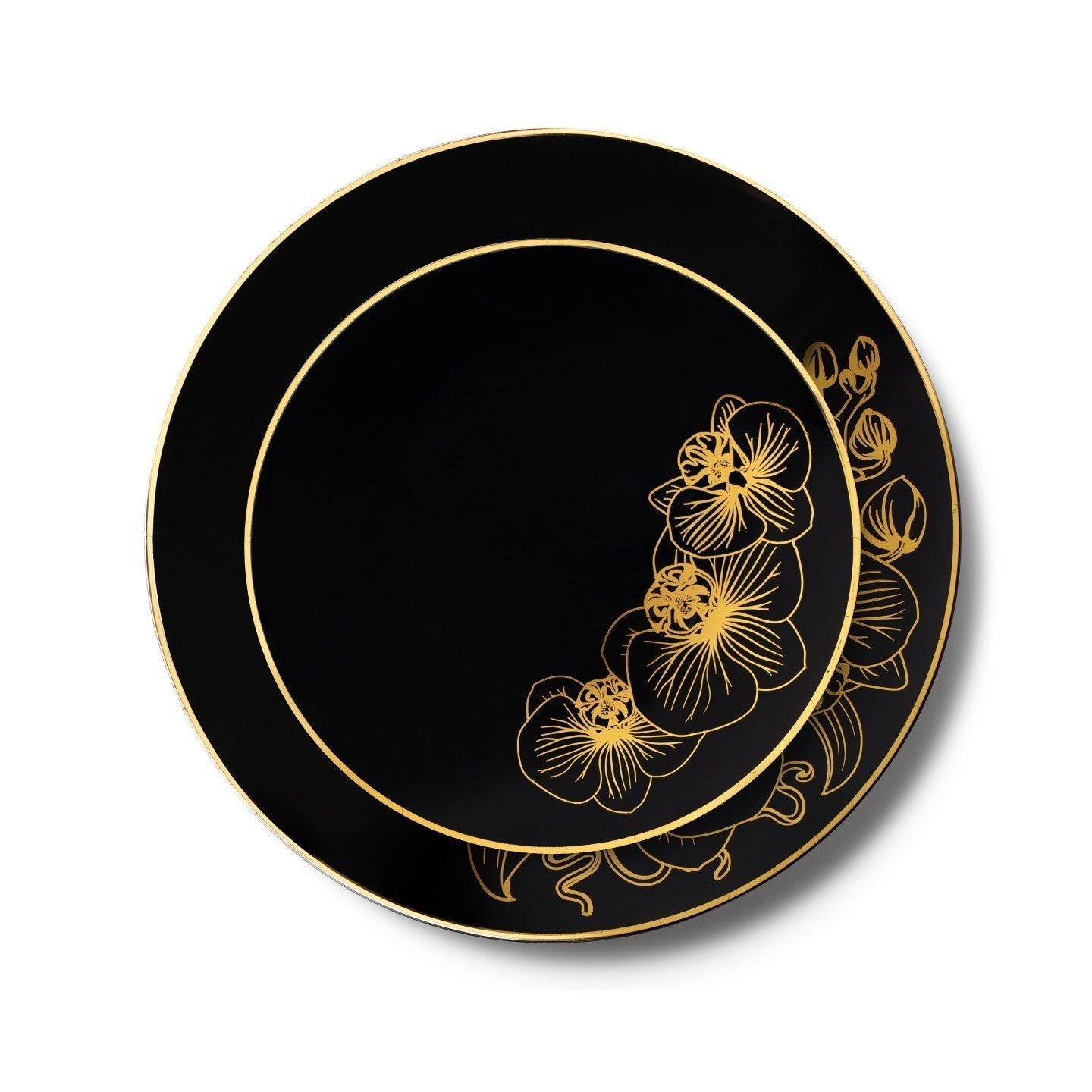 32 Piece Combo Black and Gold Round Plastic Dinnerware Set (16 Servings) - Orchid - Pro Linens