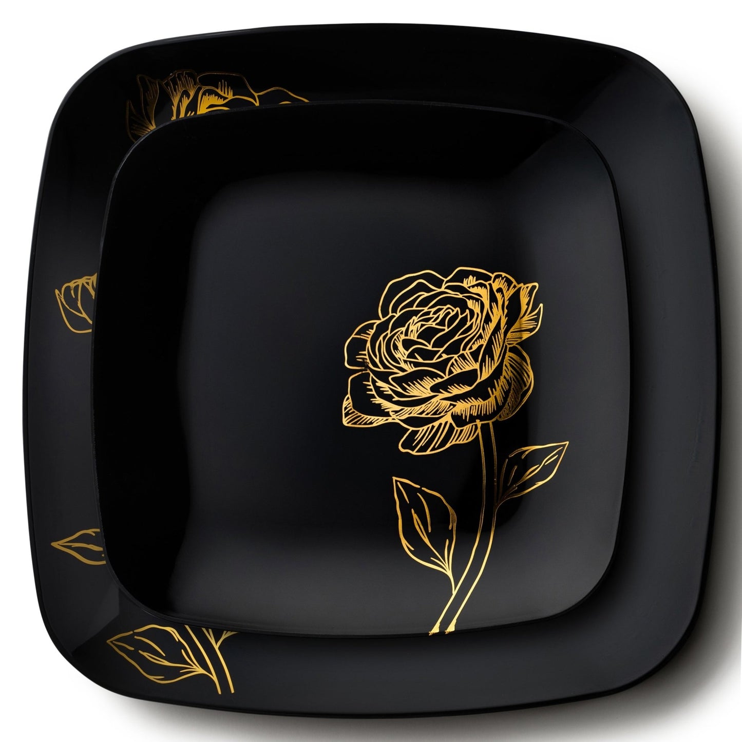 32 Piece Combo Black and Gold Square Plastic Dinnerware Set (16 Servings) - Peony - Pro Linens