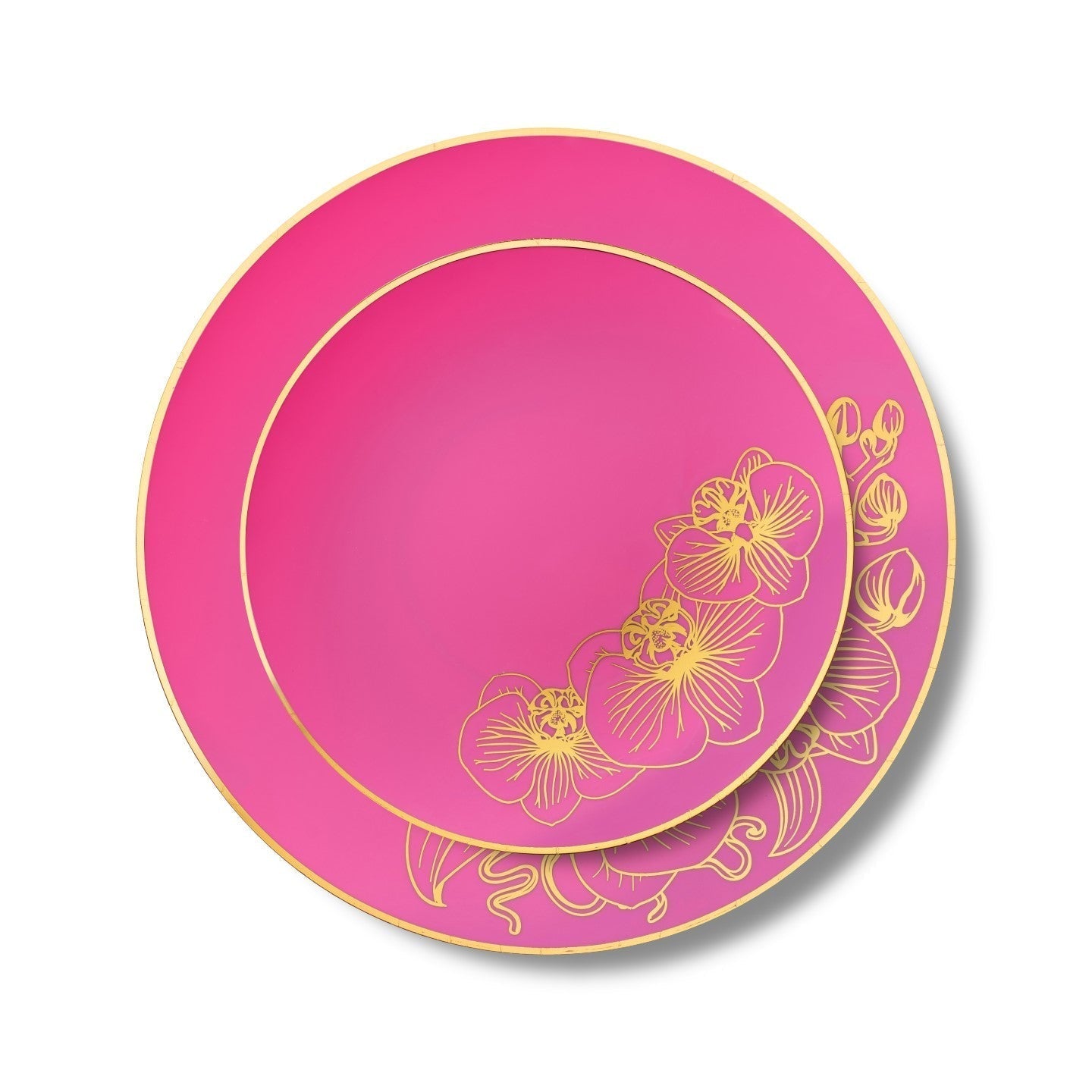 32 Piece Combo Fuchsia and Gold Round Plastic Dinnerware Set (16 Servings) - Orchid - Pro Linens