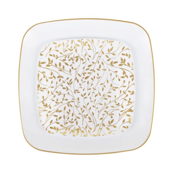 32 Piece Combo Gold/White Leaf Square Plastic Dinnerware Set (16 Servings) - Organic Leaf - Pro Linens