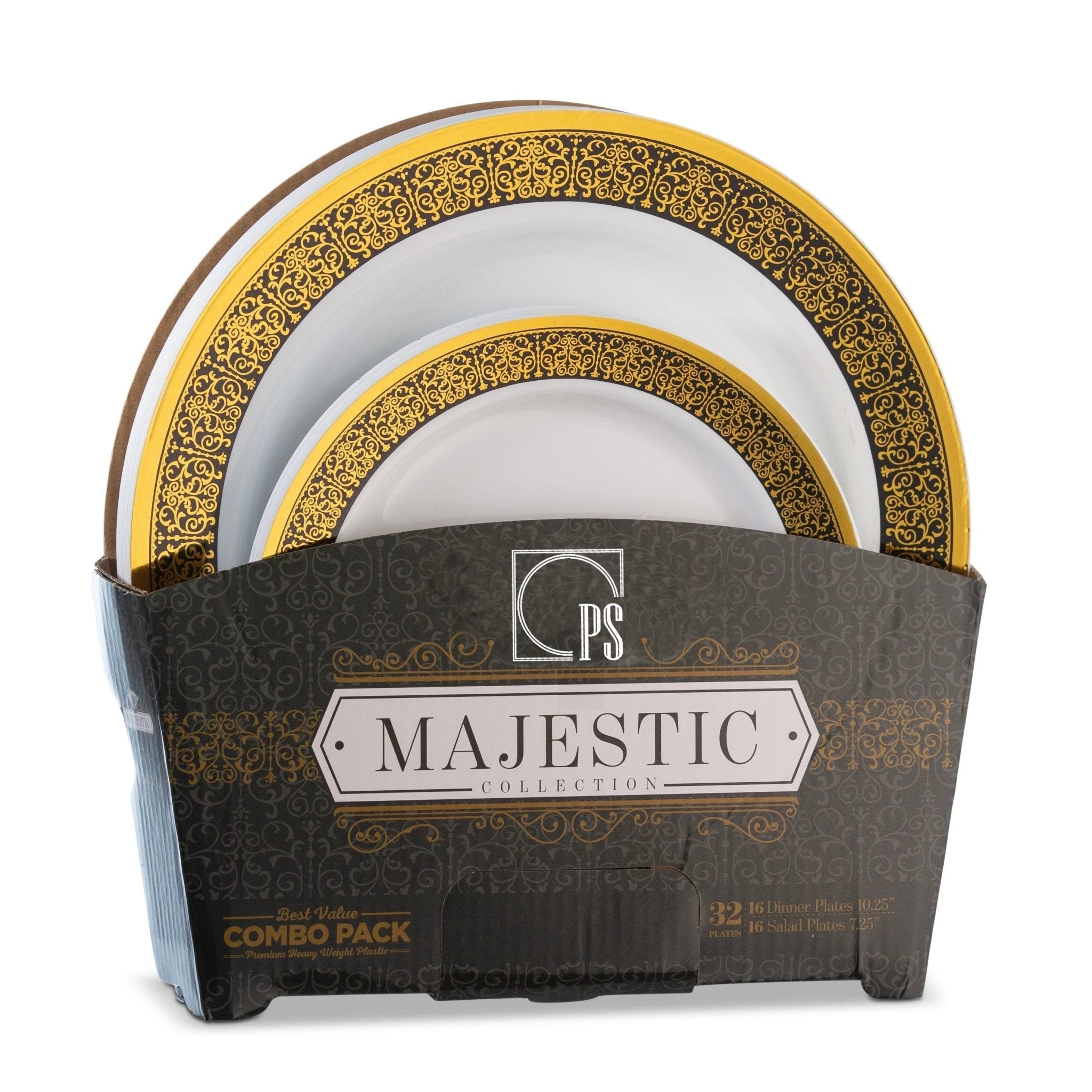 32 Piece Combo Pack Black and Gold Round Plastic Dinnerware Set (16 Servings) - Majestic - Pro Linens