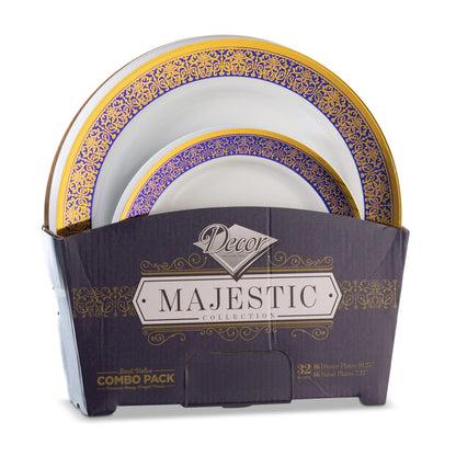 32 Piece Combo Pack Blue and Gold Round Plastic Dinnerware Set (16 Servings) - Majestic - Pro Linens