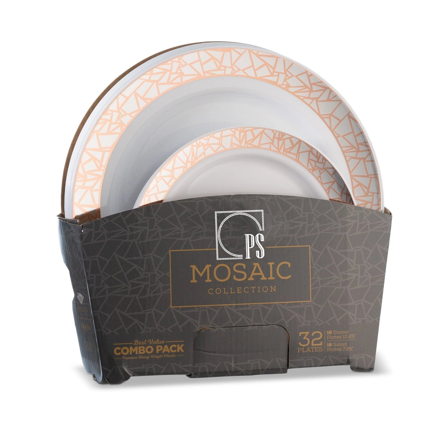 32 Piece Combo Pack Rose Gold and Silver Round Plastic Dinnerware Value Set (16 Servings) - Mosaic - Pro Linens