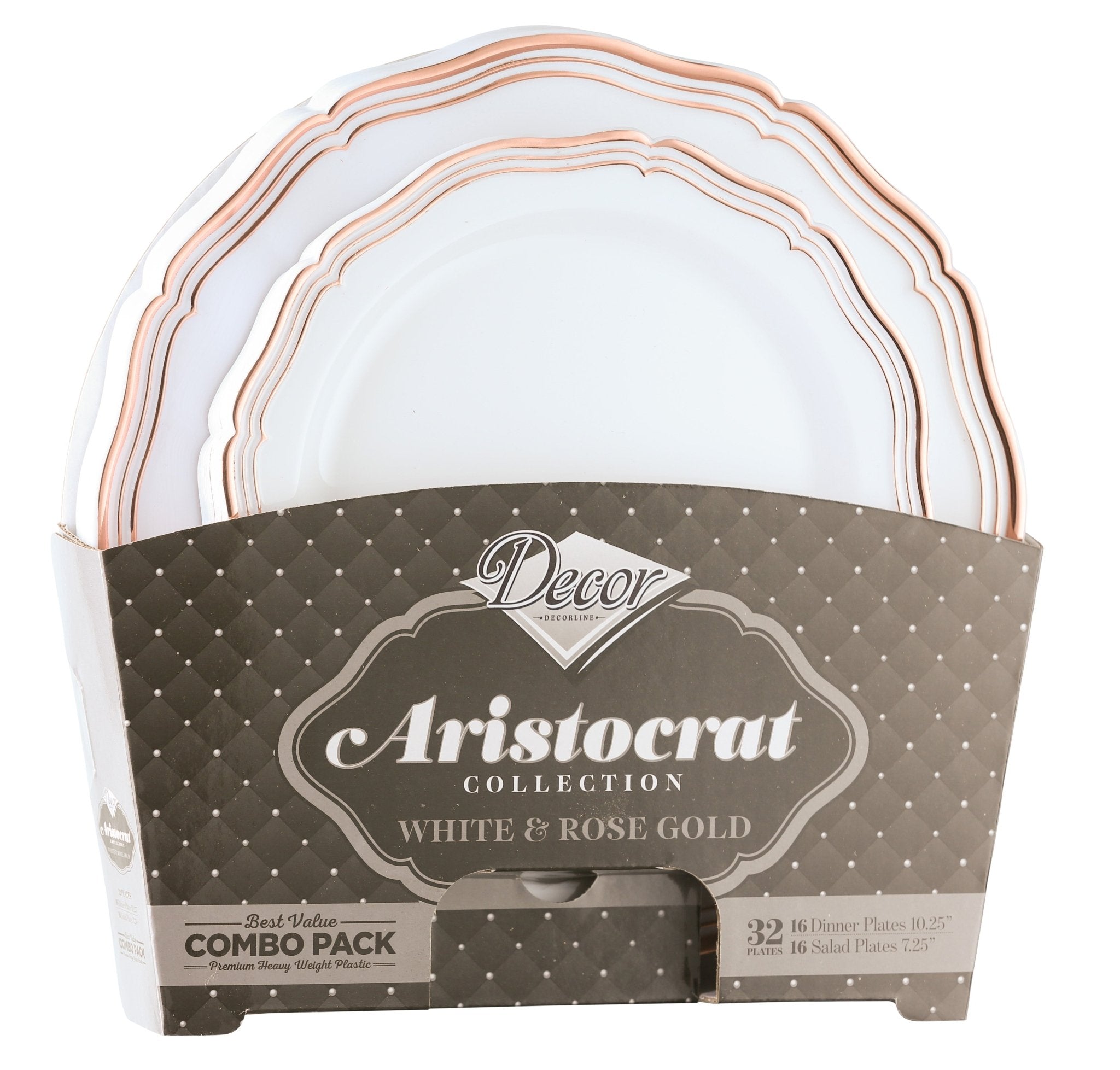 32 Piece Combo Pack Rose Gold and White Round Plastic Dinnerware Value Set (16 Servings) - Aristocrat - Pro Linens