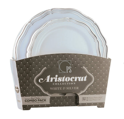 32 Piece Combo Pack Silver and White Round Plastic Dinnerware Value Set (16 Servings) - Aristocrat - Pro Linens