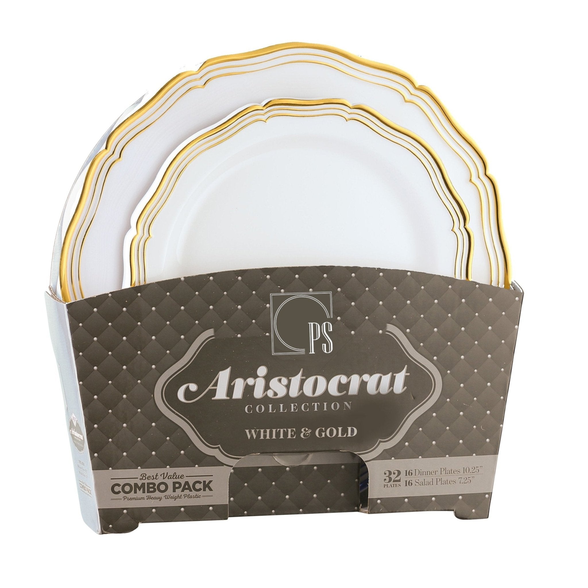 32 Piece Combo Pack White and Gold Round Plastic Dinnerware Value Set (16 Servings) - Aristocrat - Pro Linens