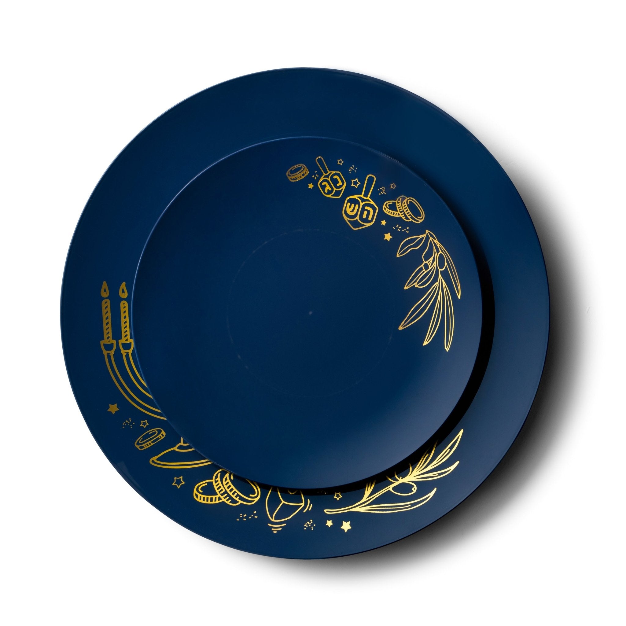 32 Piece Combo Royal Blue and Gold Round Plastic Dinnerware Set 10.25" and 7.5" (16 Servings) - Chanukah - Pro Linens