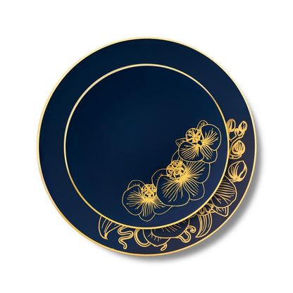 32 Piece Combo Royal Blue and Gold Round Plastic Dinnerware Set (16 Servings) - Orchid - Pro Linens