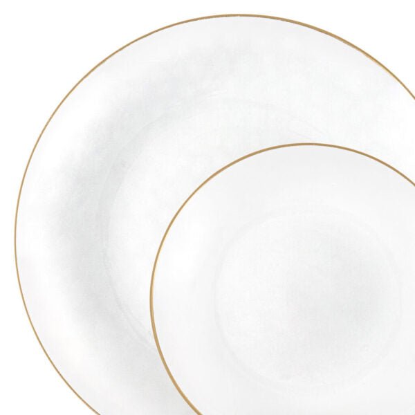 32 Piece Combo Transparent White/Gold Hammered Round Plastic Dinnerware Set (16 Servings) - Organic Hammered - Pro Linens