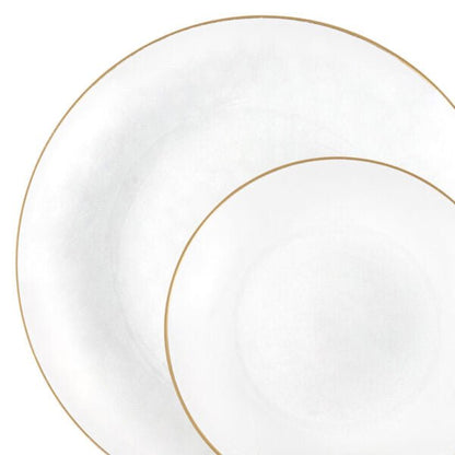 32 Piece Combo Transparent White/Gold Hammered Round Plastic Dinnerware Set (16 Servings) - Organic Hammered - Pro Linens