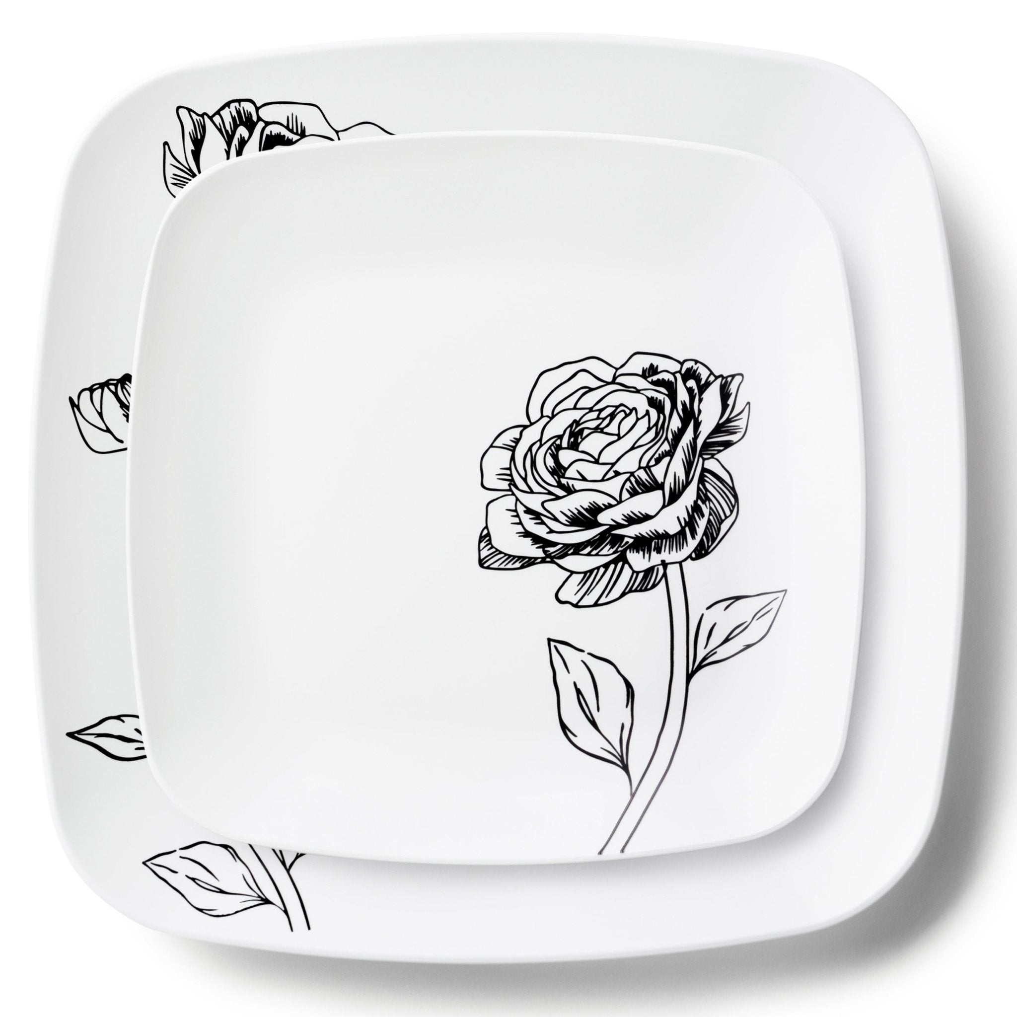 32 Piece Combo White and Black Square Plastic Dinnerware Set (16 Servings) - Peony - Pro Linens