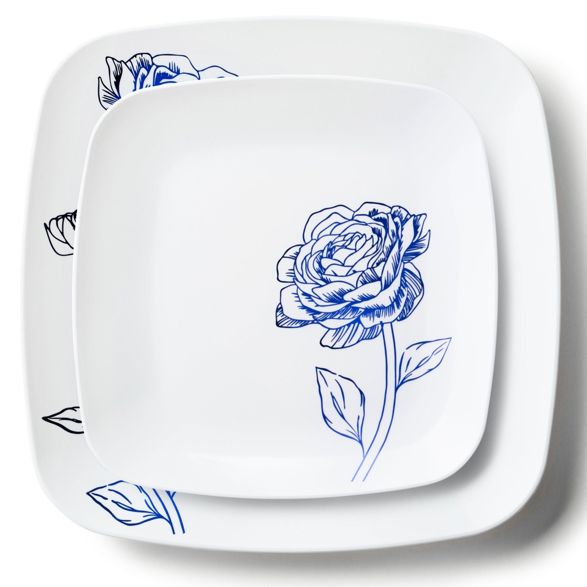 32 Piece Combo White and Blue Square Plastic Dinnerware Set (16 Servings) - Peony - Pro Linens