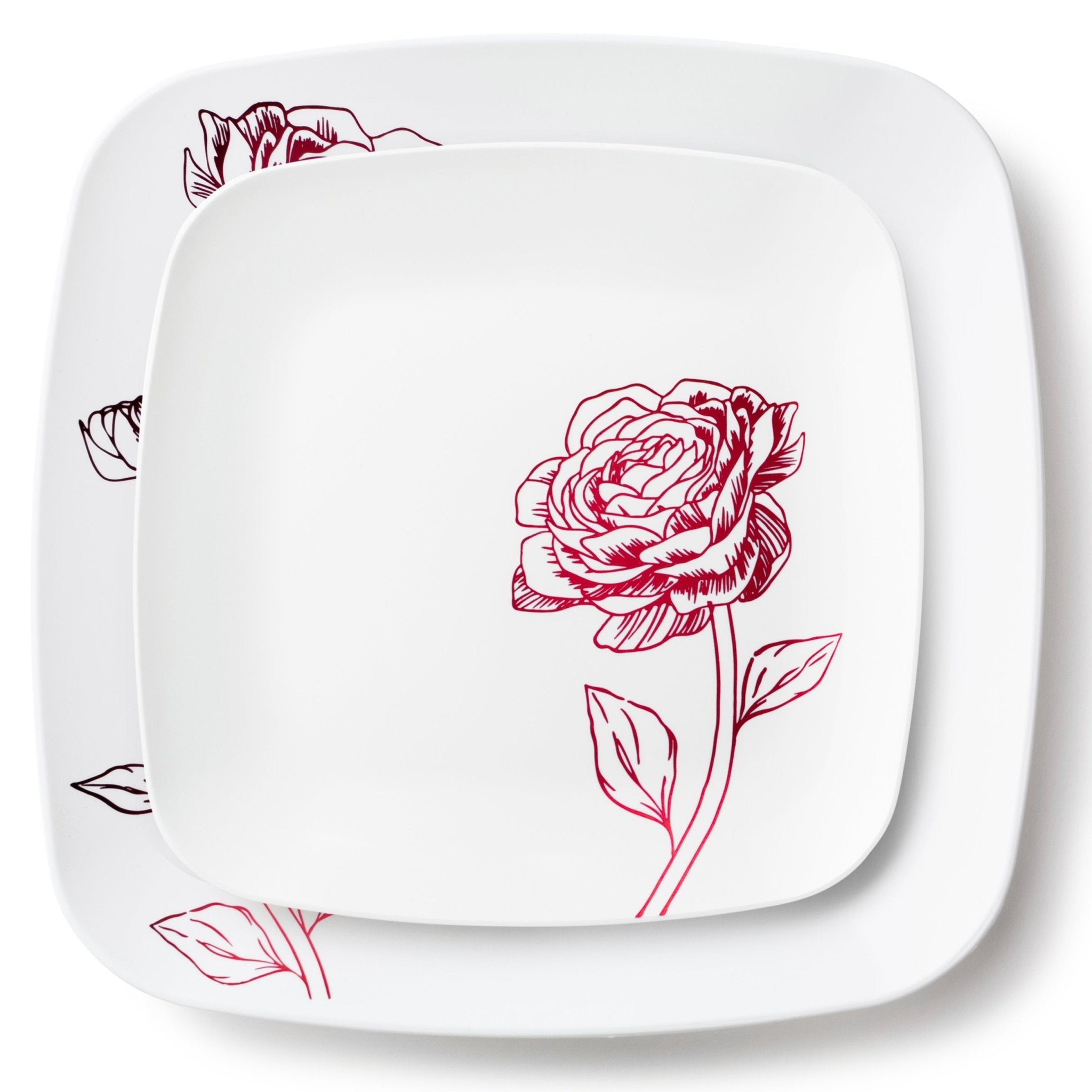 32 Piece Combo White and Burgundy Square Plastic Dinnerware Set (16 Servings) - Peony - Pro Linens