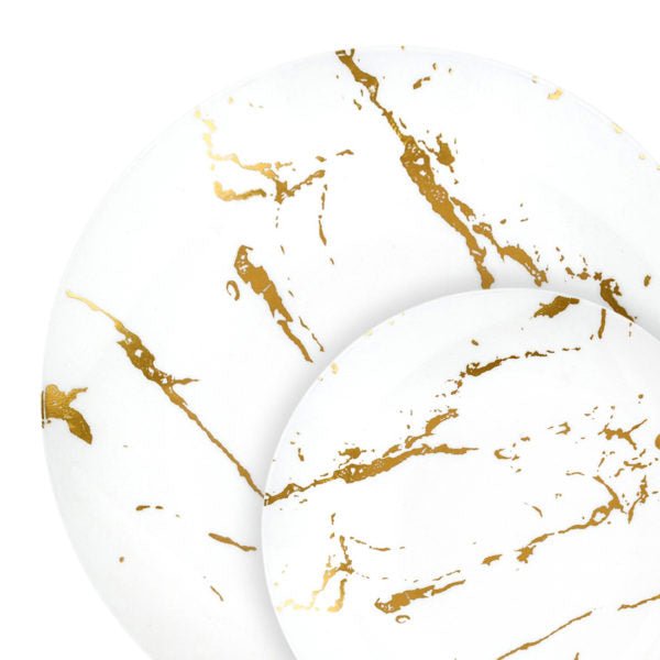 32 Piece Combo White and Gold Round Plastic Dinnerware Set (16 Servings) - Stroke - Pro Linens