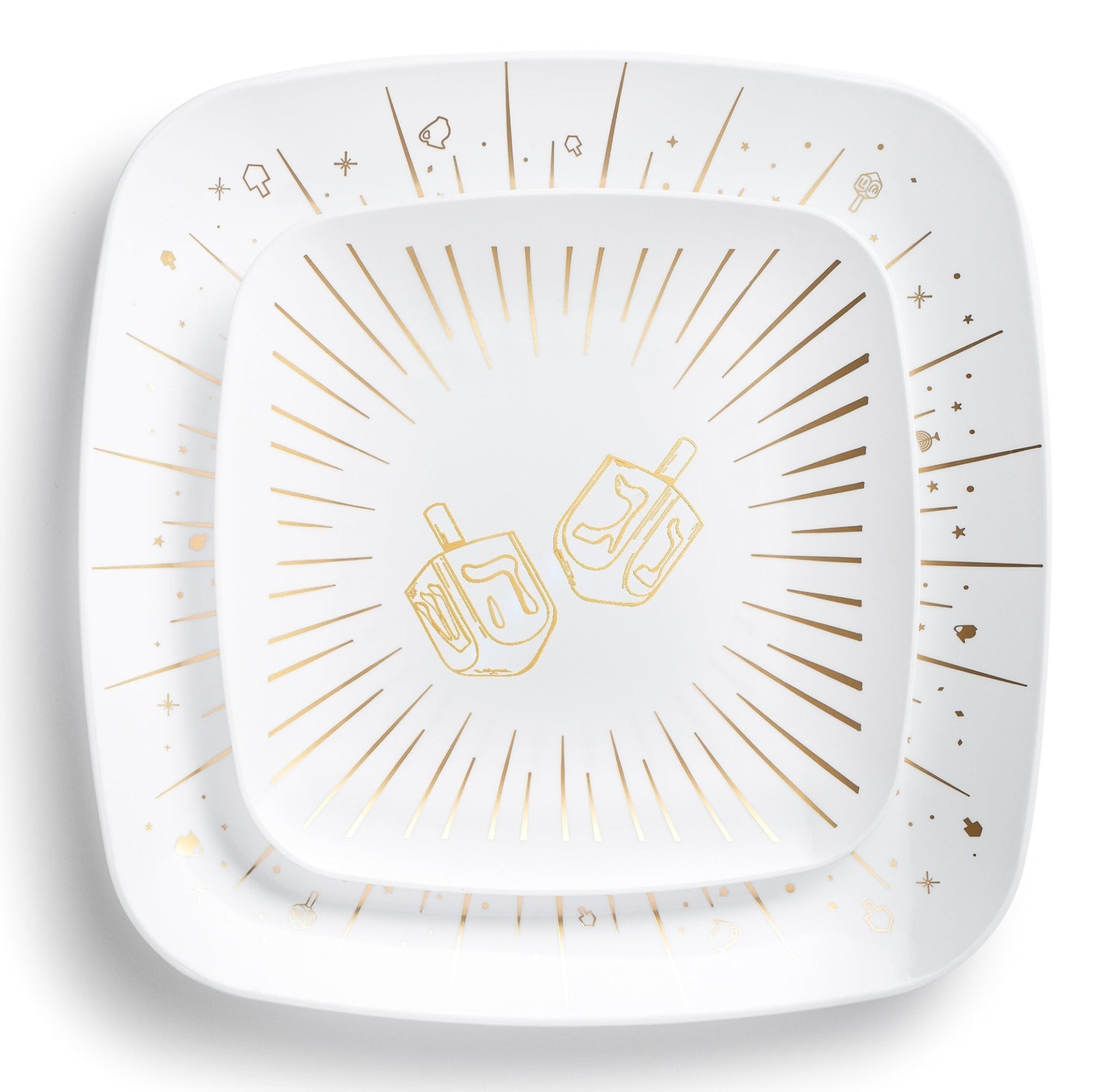 32 Piece Combo White and Gold Square Plastic Dinnerware Set 10" and 7.25" (16 Servings) - Chanukah - Pro Linens