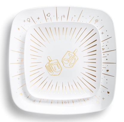 32 Piece Combo White and Gold Square Plastic Dinnerware Set 10" and 7.25" (16 Servings) - Chanukah - Pro Linens