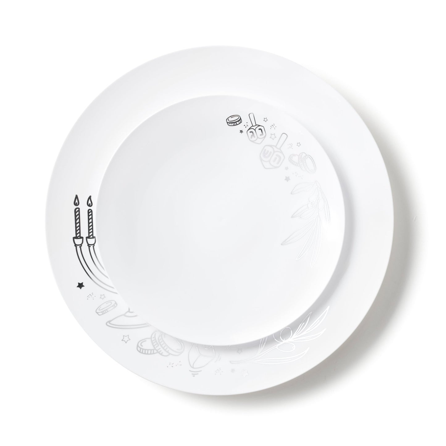 32 Piece Combo White and Silver Round Plastic Dinnerware Set 10.25" and 7.5" (16 Servings) - Chanukah - Pro Linens