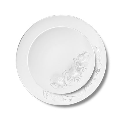 32 Piece Combo White and Silver Round Plastic Dinnerware Set (16 Servings) - Orchid - Pro Linens